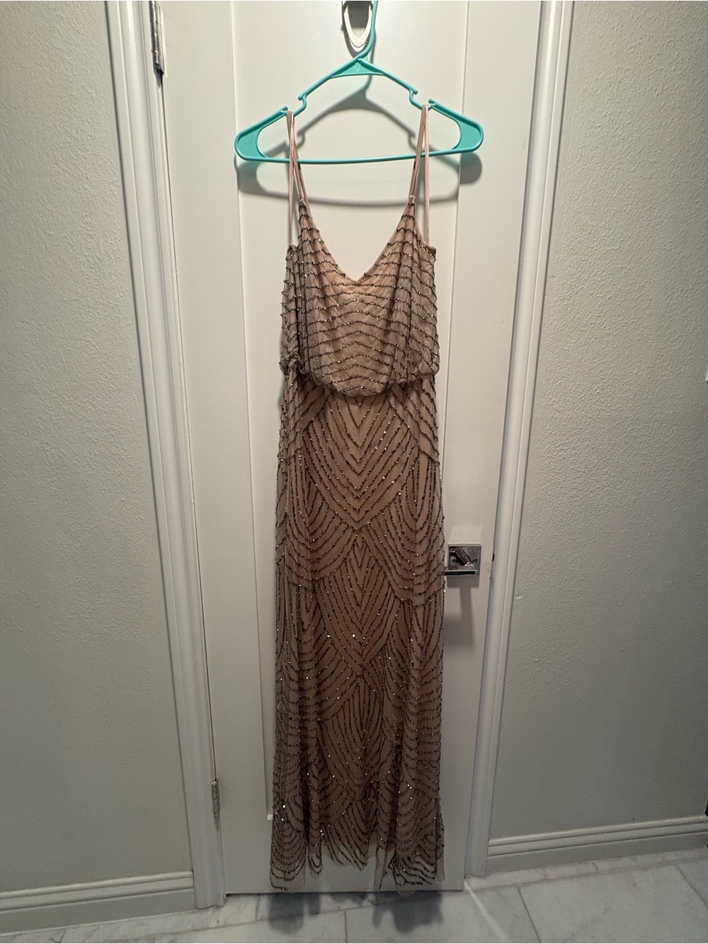 Adrianna Papell Nude Beaded V-Neck Maxi Dress